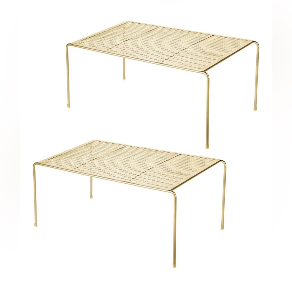 Large Raised Metal Organizer Storage Shelves. Gold finish. Set of 2. Like new.